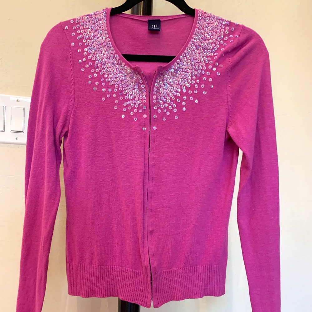 Sequin Neckline Magenta Knit Cardigan Front Hook Closure